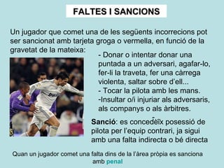 FALTES I SANCIONS Un jugador que comet una de les següents incorrecions pot ser sancionat amb tarjeta groga o vermella, en funció de la gravetat de la mateixa: - Donar o intentar donar una puntada a un adversari, agafar-lo, fer-li la traveta, fer una càrrega violenta, saltar sobre d’ell... - Tocar la pilota amb les mans. Insultar o/i injuriar als adversaris, als companys o als àrbitres. ... Sanció : es concedeix posessió de pilota per l’equip contrari, ja sigui amb una falta indirecta o bé directa Quan un jugador comet una falta dins de la l’àrea pròpia es sanciona amb   penal 