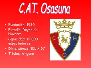 • Fundación: 1920
• Estadio: Reyno de
  Navarra
• Capacidad: 19.800
  espectadores
• Dimensiones: 105 x 67
• Títulos: ninguno
 