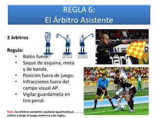 REGLA 6:
                                El Árbitro Asistente
2 árbitros

Regula:
   • Balón fuera.
   • Saque de esquina, meta
       y de banda.
   • Posición fuera de juego.
   • Infracciones fuera del
       campo visual AP.
   • Vigilar guardameta en
       tiro penal.

Nota: los árbitros asistentes ayudarán igualmente al
                                                  Mg. Rafael Díaz Brito.
arbitro a dirigir el juego conforme a las reglas.
 