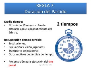 REGLA 7:
                    Duración del Partido
Medio tiempo:
• No más de 15 minutos. Puede                       2 tiempos
  alterarse con el consentimiento del
  árbitro.

Recuperación tiempo perdido:
• Sustituciones.
• Evaluación y lesión jugadores.
• Transporte de jugadores.
• Otros motivos de pérdida de tiempo.

•   Prolongación para ejecución del tiro
    penal.                 Mg. Rafael Díaz Brito.
 