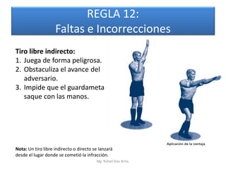 REGLA 12:
                    Faltas e Incorrecciones
Tiro libre indirecto:
1. Juega de forma peligrosa.
2. Obstaculiza el avance del
   adversario.
3. Impide que el guardameta
   saque con las manos.




Nota: Un tiro libre indirecto o directo se lanzará
desde el lugar donde se cometió la infracción.
                                         Mg. Rafael Díaz Brito.
 