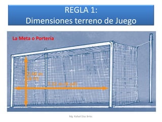 REGLA 1:
     Dimensiones terreno de Juego
La Meta o Portería




                     Mg. Rafael Díaz Brito.
 