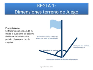 REGLA 1:
         Dimensiones terreno de Juego

Procedimiento:
Se trazará una línea a 9.15 m
desde el cuadrante de esquina
de donde los adversarios
podrán observar el tiro de
esquina.




                                Mg. Rafael Díaz Brito.
 