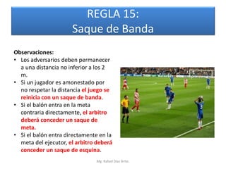 REGLA 15:
                      Saque de Banda
Observaciones:
• Los adversarios deben permanecer
  a una distancia no inferior a los 2
  m.
• Si un jugador es amonestado por
  no respetar la distancia el juego se
  reinicia con un saque de banda.
• Si el balón entra en la meta
  contraria directamente, el arbitro
  deberá conceder un saque de
  meta.
• Si el balón entra directamente en la
  meta del ejecutor, el arbitro deberá
  conceder un saque de esquina.
                               Mg. Rafael Díaz Brito.
 