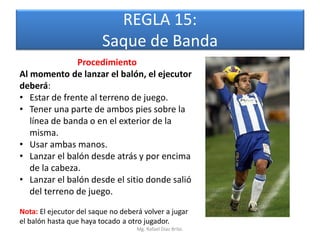 REGLA 15:
                         Saque de Banda
               Procedimiento
Al momento de lanzar el balón, el ejecutor
deberá:
• Estar de frente al terreno de juego.
• Tener una parte de ambos pies sobre la
   línea de banda o en el exterior de la
   misma.
• Usar ambas manos.
• Lanzar el balón desde atrás y por encima
   de la cabeza.
• Lanzar el balón desde el sitio donde salió
   del terreno de juego.

Nota: El ejecutor del saque no deberá volver a jugar
el balón hasta que haya tocado a otro jugador.
                                    Mg. Rafael Díaz Brito.
 