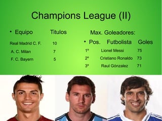 Champions League (II)

Equipo Titulos
Real Madrid C. F. 10
A. C. Milan 7
F. C. Bayern 5
Max. Goleadores:

Pos. Futbolista Goles
1º Lionel Messi 75
2º Cristiano Ronaldo 73
3º Raul Gónzalez 71
 