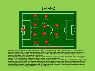 La táctica más utilizada en el fútbol actual es el 1-4-4-2 y sus variantes. El 1-4-4-2 quiere decir: un portero; lateral derecho, dos centrales en línea, lateral izquierdo; interior derecho, doble pivote -dos centrocampistas por el centro-, interior izquierdo; y dos puntas. Una de sus variantes es el 1-4-4-1-1, donde los dos delanteros juegan a altura diferente: un nueve típico y un delantero por detrás.  Una variante más de esta última es el 1-4-5-1, donde los interiores están un poco por delante del doble pivote y por delante de este doble pivote hay un mediapunta, que es el segundo delantero.  Del 1-4-4-2 te puedo decir que también puede ser con el centro del campo en rombo, que puede sonarte porque era el esquema que utilizaba Jorge Valdano en el Madrid: sólo cambia la posición del doble pivote, ya que en rombo hay un centrocampista por el centro que está un poco por delante de la defensa y más retrasado que los interiores, y el otro centrocampista está por delante y juega el papel de enganche con la delantera y se encarga de distribuir el juego -el más retrasado es el destructor, un Makelele para entendernos. 1-4-4-2 
