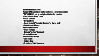 UGADORES DESTACADOS
Fue en 1943 cuando se realizó un torneo a nivel nacional, la
"COPA MÉXICO" con la participación de diez cuadros.
• Luis Roberto Alves 'Zague'
• Jesús Arellano
• Enrique Borja
• Jared Borgetti "Zorro del Desierto" o "Zorro Azul"
• Cuauhtémoc Blanco
• Salvador Carmona
• Jorge Campos
• Antonio "La Tota" Carbajal
• Ernesto Cisneros
• Alberto García Aspe
• Luis García
• Isidoro Díaz
• Francisco "Kikin" Fonseca
 