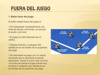 FUERA DEL JUEGO
1. Balón fuera del juego
El balón estará fuera del juego si:
• Ha traspasado completamente una
línea de banda o de fondo, ya sea por
el suelo o por aire.
• El juego ha sido detenido por el
arbitro.
• Golpea el techo o cualquier otro
obstáculo en los límites de la superficie
de juego.
• Se reanudará el juego con un saque
de banda que lo ejecutará el equipo
adversario, desde el punto más cercano
a la línea de banda al lugar donde tocó
el techo o cualquier otro obstáculo en
los límites de la superficie de juego.
 