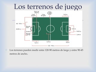 
 Los terrenos pueden medir entre 120-90 metros de largo y entre 90-45
metros de ancho.
Los terrenos de juego
 