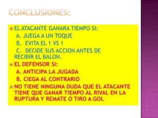  EL ATACANTE  GANARA TIEMPO SI:
   A. JUEGA A UN TOQUE
   B. EVITA EL 1 VS 1
   C. DECIDE SUS ACCION ANTES DE
  RECIBIR EL BALON.
 EL DEFENSOR SI:
   A. ANTICIPA LA JUGADA
   B. CIEGA AL CONTRARIO
 NO TIENE NINGUNA DUDA QUE EL ATACANTE
  TIENE QUE GANAR TIEMPO AL RIVAL EN LA
  RUPTURA Y REMATE O TIRO A GOL
 