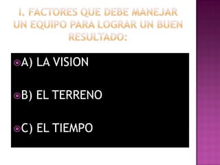 A)   LA VISION

B)   EL TERRENO

C)   EL TIEMPO
 