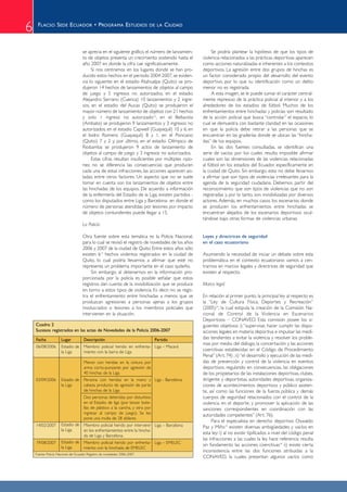 6    FLACSO SEDE ECUADOR • PROGRAMA ESTUDIOS                                 DE LA    CIUDAD



                                     se aprecia en el siguiente gráfico, el número de lanzamien-         Se podría plantear la hipótesis de que los tipos de
                                     to de objetos presenta un crecimiento sostenido hasta el       violencia relacionados a las prácticas deportivas aparecen
                                     año 2007 en donde la cifra cae significativamente.             como acciones naturalizadas e inherentes a los contextos
                                          Si nos centramos en los lugares donde se han pro-         deportivos. La agresión entre dos grupos de hinchas es
                                     ducido estos hechos en el periodo 2004-2007, se eviden-        un factor considerado propio del desarrollo del evento
                                     cia lo siguiente: en el estadio Atahualpa (Quito) se pro-      deportivo, por lo que su identificación como un delito
                                     dujeron 14 hechos de lanzamientos de objetos al campo          menor no es registrada.
                                     de juego y 5 ingresos no autorizados, en el estadio                 A esta imagen, se le puede sumar el carácter central-
                                     Alejandro Serrano (Cuenca) 10 lanzamientos y 2 ingre-          mente represivo de la práctica policial al interior y a los
                                     sos, en el estadio del Aucas (Quito) se produjeron el          alrededores de los estadios de fútbol. Muchos de los
                                     mayor número de lanzamiento de objetos con 21 hechos           enfrentamientos entre hinchadas y policías son resultado
                                     y solo 1 ingreso no autorizado12, en el Bellavista             de la acción policial que busca “controlar” el espacio, lo
                                     (Ambato) se produjeron 9 lanzamientos y 3 ingresos no          cual se demuestra con bastante claridad en las ocasiones
                                     autorizados, en el estadio Capwell (Guayaquil) 10 y 6, en      en que la policía debe retirar a las personas que se
                                     el Isidro Romero (Guayaquil) 8 y 1, en el Ponciano             encuentran en las graderías donde se ubican las “hincha-
                                     (Quito) 7 y 2 y, por último, en el estadio Olímpico de         das” de los equipos.
                                     Riobamba se produjeron 9 actos de lanzamiento de                    En las dos fuentes consultadas, se identifican una
                                     objetos al campo de juego y 3 ingresos no autorizados.         serie de vacíos por los cuales resulta imposible afirmar
                                          Estas cifras resultan insuficientes por múltiples razo-   cuales son las dimensiones de las violencias relacionadas
                                     nes: no se diferencia las consecuencias que producen           al fútbol en los estadios del Ecuador, específicamente en
                                     cada una de estas infracciones, las acciones aparecen ais-     la ciudad de Quito. Sin embargo, esto no debe llevarnos
                                     ladas; entre otros factores. Un aspecto que no se suele        a afirmar que son tipos de violencias irrelevantes para la
                                     tomar en cuenta son los lanzamientos de objetos entre          agenda de la seguridad ciudadana. Debemos partir del
                                     las hinchadas de los equipos. De acuerdo a información         reconocimiento que son tipos de violencias que no son
                                     de la enfermería del Estadio de la Liga, existen partidos -    registradas y, por lo tanto, son invisibilizadas por diversos
                                     como los disputados entre Liga y Barcelona- en donde el        actores. Además, en muchos casos los escenarios donde
                                     número de personas atendidas por lesiones por impacto          se producen los enfrentamientos entre hinchadas se
                                     de objetos contundentes puede llegar a 15.                     encuentran alejados de los escenarios deportivos ocul-
                                                                                                    tándose bajo otras formas de violencias urbanas.
                                     La Policía

                                     Otra fuente sobre esta temática es la Policía Nacional,        Leyes y directrices de seguridad
                                     para lo cual se revisó el registro de novedades de los años    en el caso ecuatoriano
                                     2006 y 2007 de la ciudad de Quito. Entre estos años sólo
                                     existen 613 hechos violentos registrados en la ciudad de       Asumiendo la necesidad de iniciar un debate sobre esta
                                     Quito, lo cual podría llevarnos a afirmar que esté no          problemática en el contexto ecuatoriano vamos a cen-
                                     representa un problema importante en el caso quiteño.          trarnos en marcos legales y directrices de seguridad que
                                          Sin embargo, al detenernos en la información pro-         existen al respecto.
                                     porcionada por la policía es posible señalar que estos
                                     registros dan cuenta de la invisibilización que se produce     Marco legal
                                     en torno a estos tipos de violencia. Es decir, no se regis-
                                     tra el enfrentamiento entre hinchadas a menos que se           En relación al primer punto, la principal ley al respecto es
                                     produzcan agresiones a personas ajenas a los grupos            la “Ley de Cultura Física, Deportes y Recreación”
                                     involucrados o lesiones a los miembros policiales que          (2005)14, la cual estipula la creación de la Comisión Na-
                                     intervienen en la situación.                                   cional de Control de la Violencia en Escenarios
                                                                                                    Deportivos – CONAVED. Esta comisión posee los si-
    Cuadro 2                                                                                        guientes objetivos: i) “supervisar, hacer cumplir las dispo-
    Sucesos registrados en las actas de Novedades de la Policía 2006-2007                           siciones legales en materia deportiva e impulsar las medi-
    Fecha             Lugar           Descripción                                Partido            das tendientes a evitar la violencia y resolver los proble-
                                                                                                    mas por medio del diálogo, la concertación y las acciones
    06/08/2006        Estadio de      Miembro policial herido en enfrenta- Liga – Macará
                      la Liga         miento con la barra de Liga
                                                                                                    coercitivas establecidas en el Código de Procedimiento
                                                                                                    Penal” (Art. 74) ; ii) “el desarrollo y ejecución de las medi-
                                      Menor con heridas en la cintura por                           das de prevención y control de la violencia en eventos
                                      arma corto-punzante por agresión de                           deportivos, regulando en consecuencias, las obligaciones
                                      40 hinchas de la Liga                                         de los propietarios de las instalaciones deportivas, clubes,
    03/09/2006        Estadio de      Persona con heridas en la mano y Liga - Barcelona             dirigente y deportistas, autoridades deportivas, organiza-
                      la Liga         cabeza producto de agresión de parte                          ciones de acontecimientos deportivos y público asisten-
                                      de hinchas de la Liga                                         te, así como las funciones de la fuerza pública y demás
                                      Dos personas detenidas por disturbios                         cuerpos de seguridad relacionados con el control de la
                                      en el Estadio de liga (por lanzar bote-                       violencia en el deporte, y promover la aplicación de las
                                      llas de plástico a la cancha, y otra por                      sanciones correspondientes en coordinación con las
                                      ingresar al campo de juego). Se les
                                                                                                    autoridades competentes” (Art. 76).
                                      pone una multa de 28 dólares
                                                                                                         Para el especialista en derecho deportivo Oswaldo
    14/02/2007        Estadio de      Miembro policial herido por intervenir Liga – Barcelona       Paz y Miño15 existen diversas ambigüedades y vacíos en
                      la Liga         en los enfrentamientos entre la hincha-
                                                                                                    esta ley: i) al no existir tipificados a nivel del código penal
                                      da de Liga y Barcelona.
                                                                                                    las infracciones a las cuales la ley hace referencia resulta
    19/08/2007        Estadio de      Miembro policial herido por enfrenta- Liga – EMELEC
                      la Liga
                                                                                                    sin fundamento las acciones coercitivas16 ii) existe cierta
                                      miento con la hinchada de EMELEC
                                                                                                    inconsistencia entre las dos funciones atribuidas a la
    Fuente: Policía Nacional del Ecuador. Registro de novedades 2006-2007.
                                                                                                    CONAVED, la cuales presentan algunos vacíos como
 