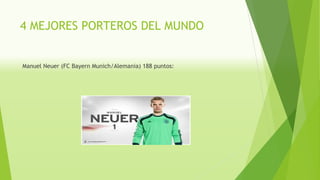 4 MEJORES PORTEROS DEL MUNDO
Manuel Neuer (FC Bayern Munich/Alemania) 188 puntos:
 