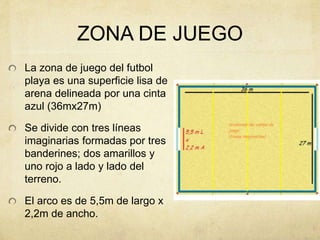 ZONA DE JUEGO
La zona de juego del futbol
playa es una superficie lisa de
arena delineada por una cinta
azul (36mx27m)
Se divide con tres líneas
imaginarias formadas por tres
banderines; dos amarillos y
uno rojo a lado y lado del
terreno.
El arco es de 5,5m de largo x
2,2m de ancho.
 