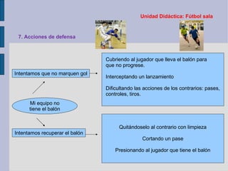 Unidad Didáctica: Fútbol sala 7. Acciones de defensa Mi equipo no tiene el balón Intentamos que no marquen gol Intentamos recuperar el balón Cubriendo al jugador que lleva el balón para que no progrese. Interceptando un lanzamiento Dificultando las acciones de los contrarios: pases, controles, tiros. Quitándoselo al contrario con limpieza Cortando un pase Presionando al jugador que tiene el balón 