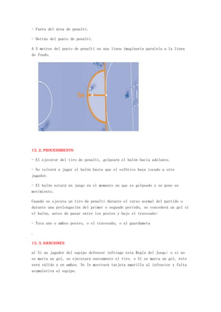 - Fuera del área de penalti.

- Detrás del punto de penalti.

A 5 metros del punto de penalti en una línea imaginaria paralela a la línea
de fondo.




15. 2. Procedimiento

- El ejecutor del tiro de penalti, golpeará el balón hacia adelante.

- No volverá a jugar el balón hasta que el esférico haya tocado a otro
jugador.

- El balón estará en juego en el momento en que es golpeado y se pone en
movimiento.

Cuando se ejecuta un tiro de penalti durante el curso normal del partido o
durante una prolongación del primer o segundo período, se concederá un gol si
el balón, antes de pasar entre los postes y bajo el travesaño:

- Toca uno o ambos postes, o el travesaño, o al guardameta

.

15. 3. Sanciones

a) Si un jugador del equipo defensor infringe esta Regla del Juego: o si no
se marca un gol, se ejecutará nuevamente el tiro. o Si se marca un gol, éste
será válido y en ambos. Se le mostrará tarjeta amarilla al infractor y falta
acumulativa al equipo.
 