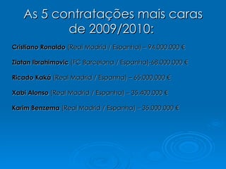 As 5 contratações mais caras de 2009/2010:   Cristiano Ronaldo  (Real Madrid / Espanha) – 94.000.000 €  Zlatan Ibrahimovic  (FC Barcelona / Espanha)-68.000.000 €  Ricado Kaká  (Real Madrid / Espanha) – 65.000.000 €  Xabi Alonso  (Real Madrid / Espanha) – 35.400.000 €  Karim Benzema  (Real Madrid / Espanha) – 35.000.000 €  
