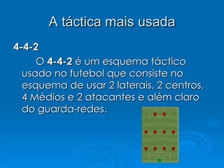 A táctica mais usada 4-4-2 O  4-4-2  é um esquema táctico usado no futebol que consiste no esquema de usar 2 laterais, 2 centros, 4 Médios e 2 atacantes e além claro do guarda-redes.  