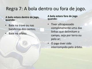 Regra 7: A bola dentro ou fora de jogo. A bola estara dentro de jogo, quando:A bola estara fora de jogo quando:Bate na trave ou nas bandeiras dos cantos;Bate no arbito. Tiver ultrapassado completamente uma das linhas que delimitam o campo, seja por terra ou pelo ar;O jogo tiver sido interrompido pelo árbito.