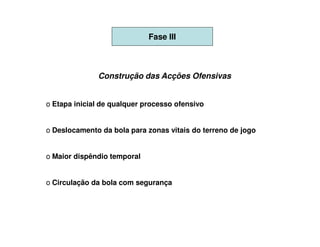 Fase III



              Construção das Acções Ofensivas


o Etapa inicial de qualquer processo ofensivo


o Deslocamento da bola para zonas vitais do terreno de jogo


o Maior dispêndio temporal


o Circulação da bola com segurança
 