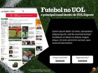 Lorem ipsum dolor sit amet, consectetur
                                               adipisicing elit, sed do eiusmod tempor
                                               incididunt ut labore et dolore magna
                                               aliqua. Ut enim ad minim veniam, quis
                                               nostrud exercitation




                                               Unique Users/mês       Pageviews/mês*
                                                  xxxxxx                xxxxxx

Fonte: Omniture Sitecatalyst / Novembro 2011
    * Pageviews = UOL Futebol + Placar UOL
 