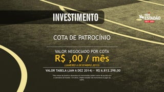 COTA DE PATROCÍNIO
VALOR NEGOCIADO POR COTA

R$ ,00 / mês
(JANEIRO A DEZEMBRO 2013)

VALOR TABELA (JAN A DEZ 2014) – R$ 6.812.298,00
*Nos meses de janeiro e dezembro as transmissões podem variar de acordo com
o calendário de futebol. Em 2014, a Rádio Estadão não transmitirá os jogos da
COPA.

 