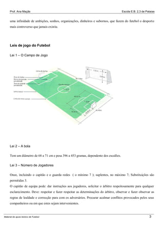Prof. Ana Maçãs

Escola E.B. 2,3 de Pataias

uma infinidade de ambições, sonhos, organizações, dinheiros e subornos, que fazem do futebol o desporto
mais controverso que jamais existiu.

Leis de jogo do Futebol
Lei 1 – O Campo de Jogo

Lei 2 – A bola
Tem um diâmetro de 68 a 71 cm e pesa 396 a 453 gramas, dependente dos escalões.
Lei 3 – Número de Jogadores
Onze, incluindo o capitão e o guarda–redes ( o mínimo 7 ); suplentes, no máximo 7; Substituições são
permitidas 3.
O capitão de equipa pode: dar instruções aos jogadores, solicitar o árbitro respeitosamente para qualquer
esclarecimento. Deve: respeitar e fazer respeitar as determinações do árbitro, observar e fazer observar as
regras de lealdade e correcção para com os adversários. Procurar acalmar conflitos provocados pelos seus
companheiros ou em que estes sejam intervenientes.

Material de apoio teórico de Futebol

3

 