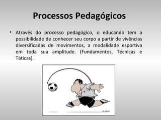 Processos Pedagógicos
• Através do processo pedagógico, o educando tem a
possibilidade de conhecer seu corpo a partir de vivências
diversificadas de movimentos, a modalidade esportiva
em toda sua amplitude. (Fundamentos, Técnicas e
Táticas).

 