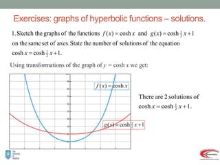 Exercises: graphs of hyperbolic functions – solutions.
.
1
cosh
cosh
equation
the
of
solutions
of
number
the
State
axes.
of
set
same
on the
1
cosh
)
(
and
cosh
)
(
functions
the
of
graphs
Sketch the
1.
2
1
2
1





x
x
x
x
g
x
x
f
Using transformations of the graph of y = cosh x we get:
x
x
f cosh
)
( 
1
cosh
)
( 2
1

 x
x
g
.
1
cosh
cosh
of
solutions
2
are
There
2
1

 x
x
 