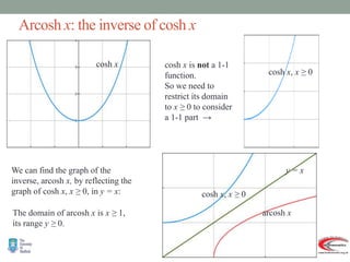Arcosh x: the inverse of cosh x
cosh x cosh x is not a 1-1
function.
So we need to
restrict its domain
to x ≥ 0 to consider
a 1-1 part →
We can find the graph of the
inverse, arcosh x, by reflecting the
graph of cosh x, x ≥ 0, in y = x:
y = x
arcosh x
cosh x, x ≥ 0
The domain of arcosh x is x ≥ 1,
its range y ≥ 0.
cosh x, x ≥ 0
 