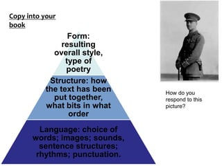 Form:
resulting
overall style,
type of
poetry
Structure: how
the text has been
put together,
what bits in what
order
Language: choice of
words; images; sounds,
sentence structures;
rhythms; punctuation.
Copy into your
book
How do you
respond to this
picture?
 