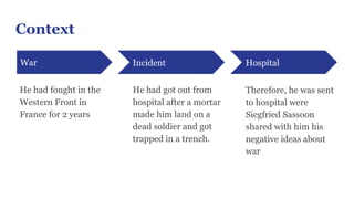 Context
War
He had fought in the
Western Front in
France for 2 years
Incident
He had got out from
hospital after a mortar
made him land on a
dead soldier and got
trapped in a trench.
Hospital
Therefore, he was sent
to hospital were
Siegfried Sassoon
shared with him his
negative ideas about
war
 