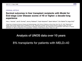 Analysis of UNOS data over 10 years
8% transplants for patients with MELD>40
 