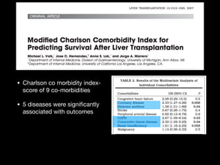 • Charlson co morbidity index-
score of 9 co-morbidities 

• 5 diseases were signiﬁcantly
associated with outcomes
 