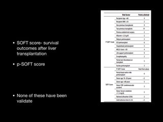 • SOFT score- survival
outcomes after liver
transplantation 

• p-SOFT score 

• None of these have been
validate
 