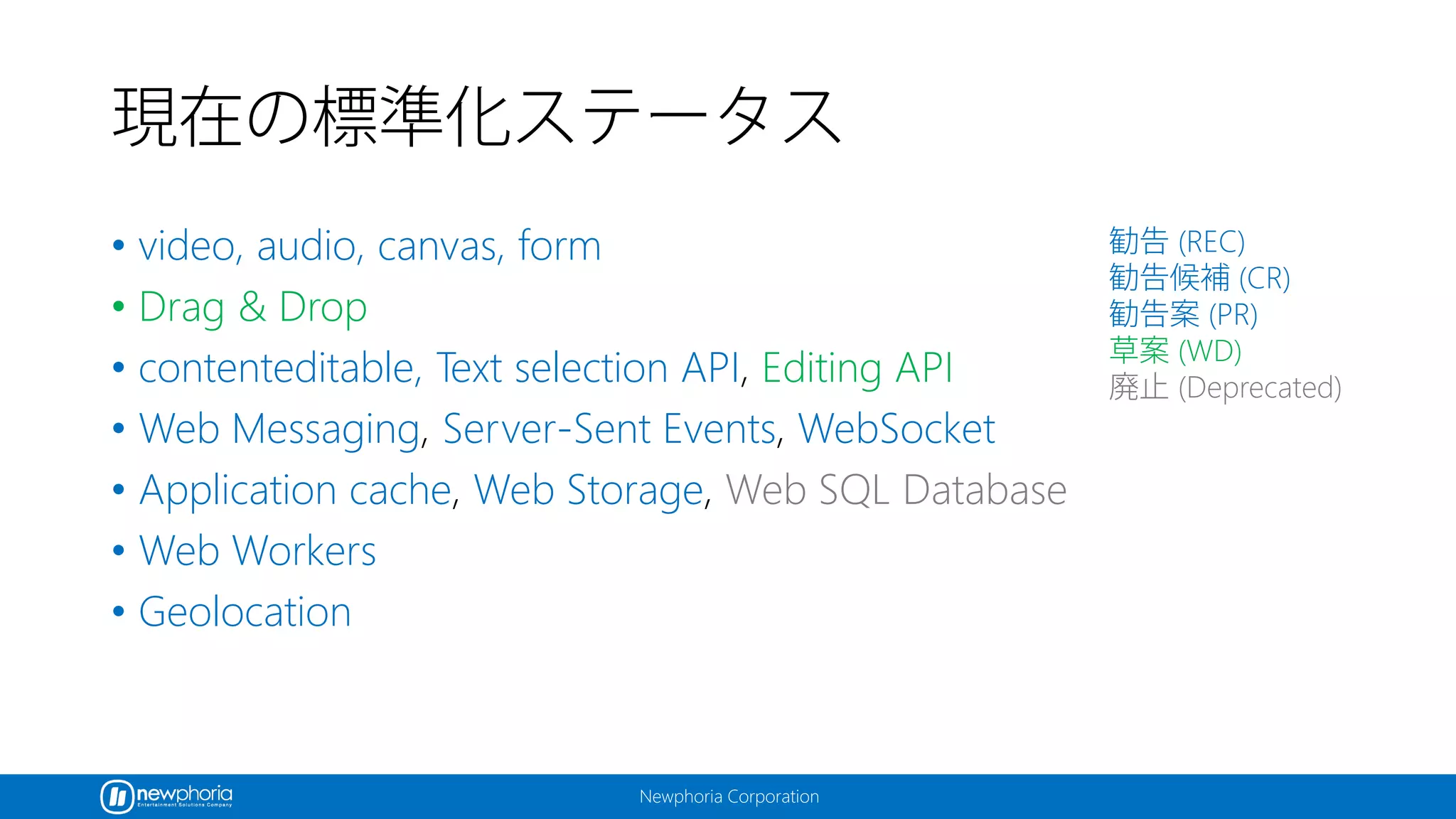 Newphoria Corporation
現在の標準化ステータス
• video, audio, canvas, form
• Drag & Drop
• contenteditable, Text selection API, Editing API
• Web Messaging, Server-Sent Events, WebSocket
• Application cache, Web Storage, Web SQL Database
• Web Workers
• Geolocation
勧告 (REC)
勧告候補 (CR)
勧告案 (PR)
草案 (WD)
廃止 (Deprecated)
 