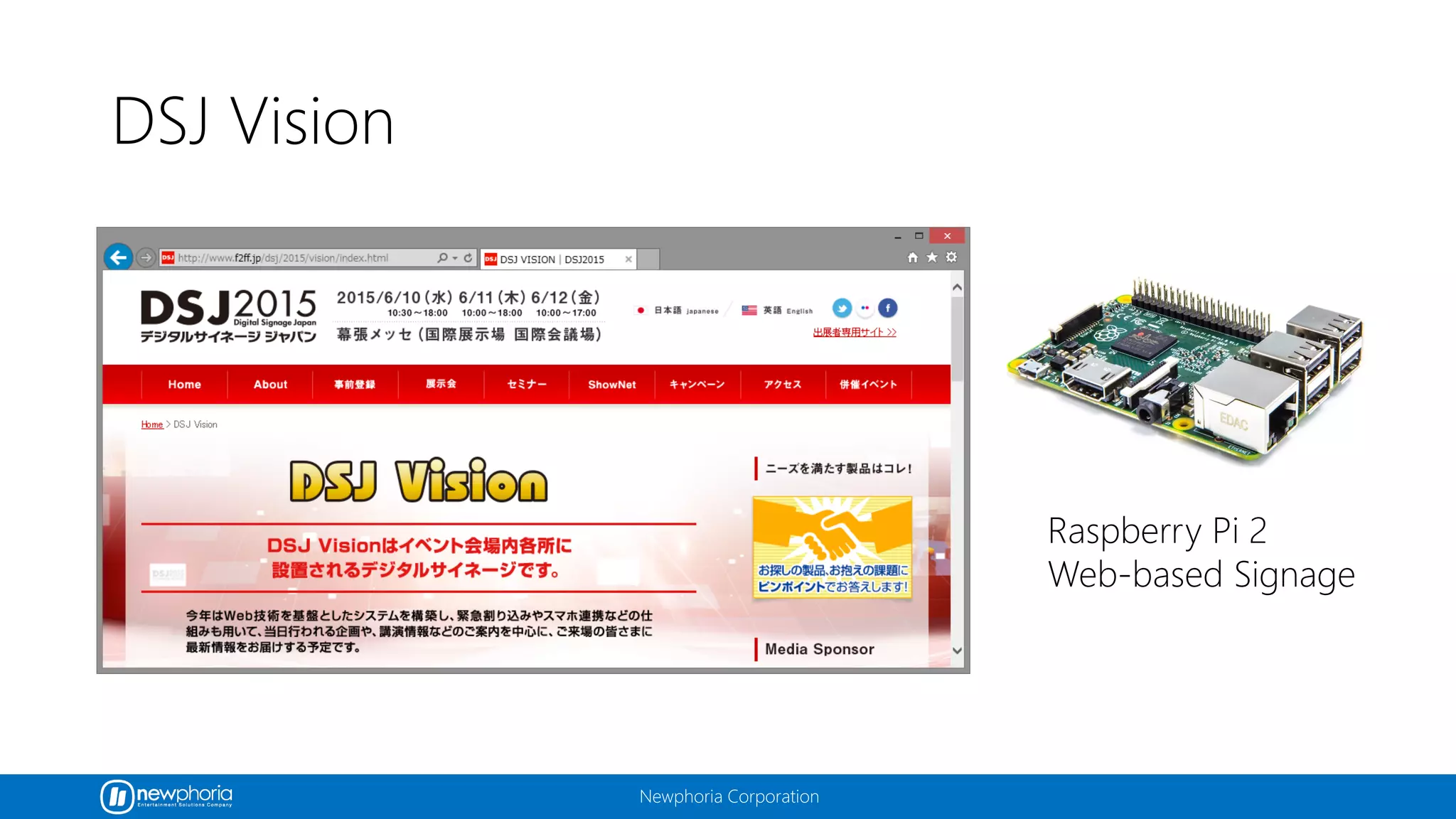 Newphoria Corporation
DSJ Vision
Raspberry Pi 2
Web-based Signage
 