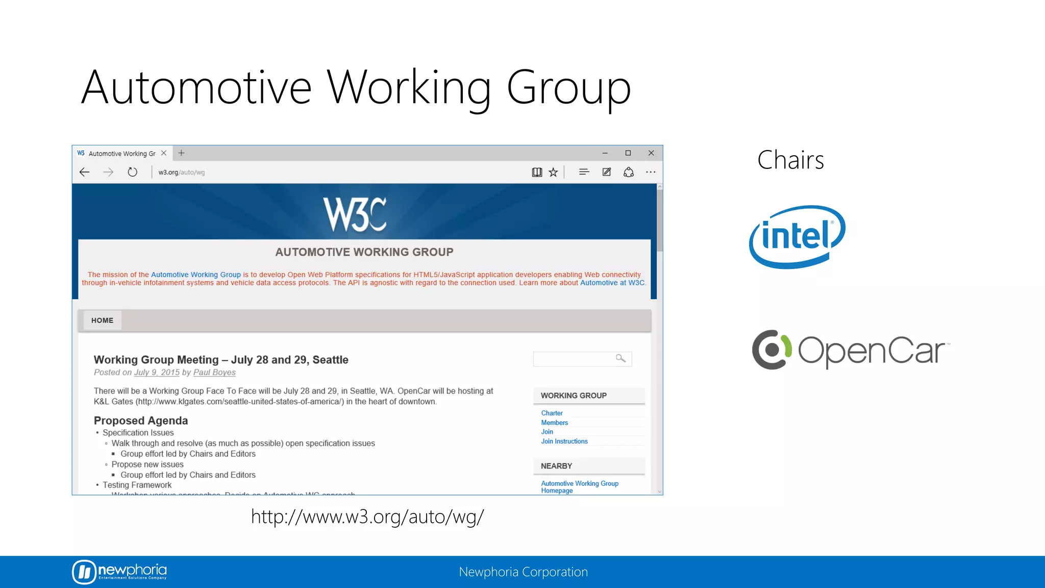 Newphoria Corporation
Automotive Working Group
http://www.w3.org/auto/wg/
Chairs
 