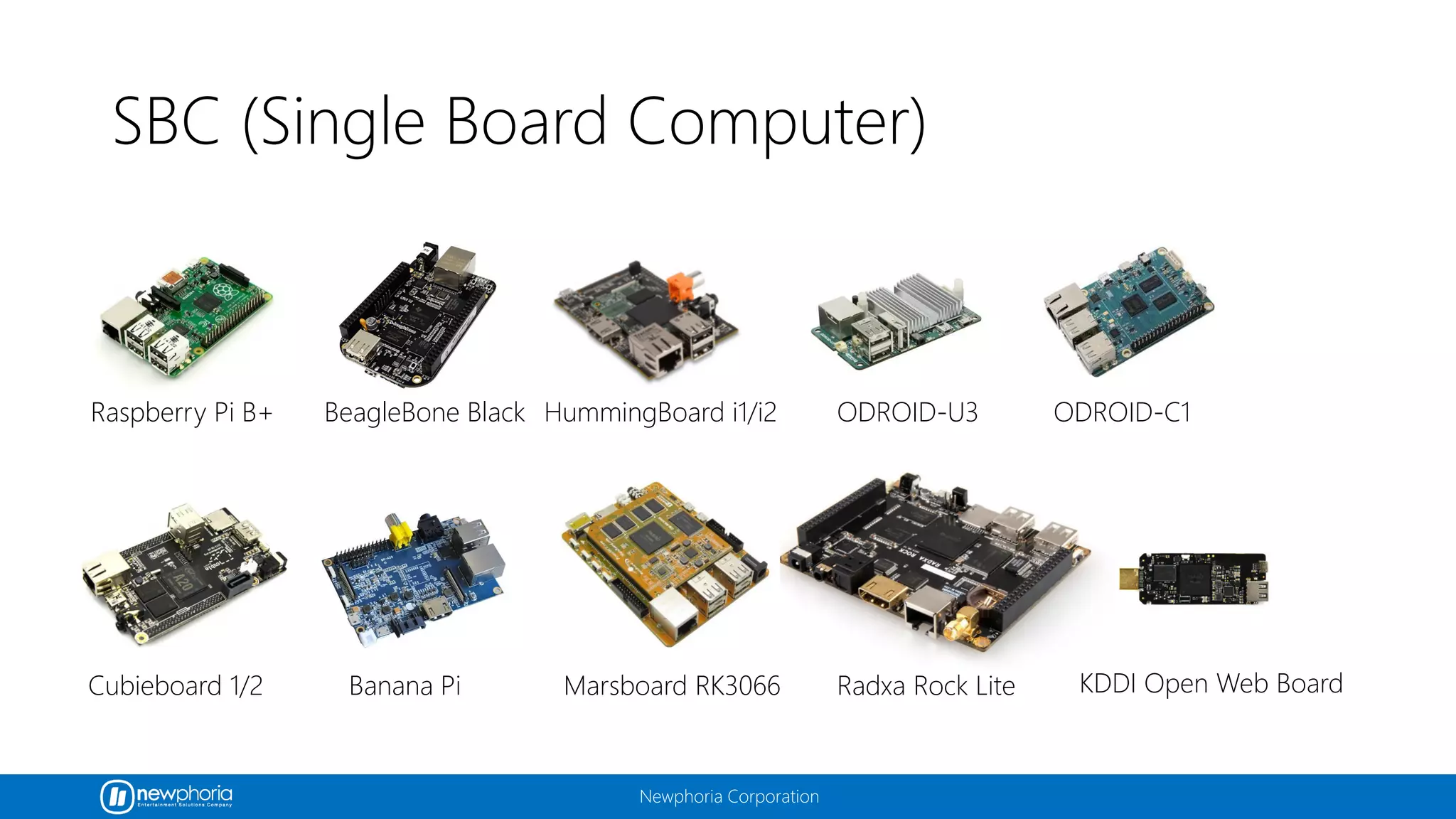 Newphoria Corporation
SBC (Single Board Computer)
Raspberry Pi B+ BeagleBone Black ODROID-U3 ODROID-C1
Cubieboard 1/2 Marsboard RK3066 Radxa Rock Lite
HummingBoard i1/i2
Banana Pi KDDI Open Web Board
 
