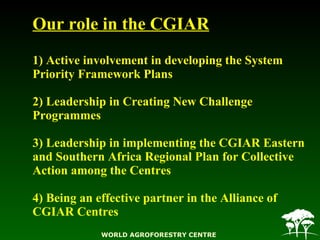 Our role in the CGIAR 1) Active involvement in developing the System Priority Framework Plans 2) Leadership in Creating Ne...