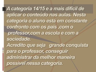 A categoria 14/15 e a mais difícil de
aplicar o conteúdo nas aulas. Nesta
categoria o aluno está em constante
confronto co...