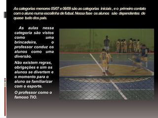 As categorias menores 05/07 e 08/09 são as categorias iniciais , e o primeiro contato
com o aluno numa escolinha de futsal. Nessa fase os alunos são dependentes de
quase tudo dos pais.

  As aulas nessa
categoria são vistos
como            uma
brincadeira,       o
professor conduz os
alunos como uma
diversão.
Não existem regras,
obrigações e sim os
alunos se divertem e
o momento para o
aluno se familiarizar
com o esporte.
O professor como o
famoso TIO.
 