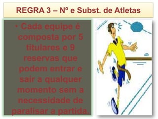 REGRA 3 – Nº e Subst. de Atletas

• Cada equipe é
composta por 5
titulares e 9
reservas que
podem entrar e
sair a qualquer
momento sem a
necessidade de
paralisar a partida.

 