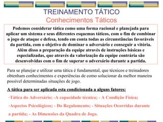 TREINAMENTO TÁTICO
Conhecimentos Táticos
Podemos considerar tática como uma forma racional e planejada para
aplicar um sistema e seus diferentes esquemas táticos, com o fim de combinar
o jogo de ataque e defesa, tendo em conta todas as circunstâncias favoráveis
da partida, com o objetivo de dominar o adversário e conseguir a vitória.
Além disso a preparação da equipe através de instruções básicas e
especializadas, que através da valorização da equipe contrária são
desenvolvidas com o fim de superar o adversário durante a partida.
Para se planejar e utilizar uma tática é fundamental, que técnicos e treinadores
obtenham conhecimentos e experiências de como solucionar da melhor maneira
possível determinadas situações de jogo.
A tática para ser aplicada esta condicionada a alguns fatores:A tática para ser aplicada esta condicionada a alguns fatores:
-Tática do Adversário; -A capacidade técnica; - A Condição Física;
-Aspectos Psicológicos; - Do Regulamento; - Situações Ocorridas durante
a partida; - As Dimensões da Quadra de Jogo.
 