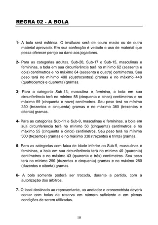 10
REGRA 02 - A BOLA
1- A bola será esférica. O invólucro será de couro macio ou de outro
material aprovado. Em sua confecção é vedado o uso de material que
possa oferecer perigo ou dano aos jogadores.
2- Para as categorias adultas, Sub-20, Sub-17 e Sub-15, masculinas e
femininas, a bola em sua circunferência terá no mínimo 62 (sessenta e
dois) centímetros e no máximo 64 (sessenta e quatro) centímetros. Seu
peso terá no mínimo 400 (quatrocentos) gramas e no máximo 440
(quatrocentos e quarenta) gramas.
3- Para a categoria Sub-13, masculina e feminina, a bola em sua
circunferência terá no mínimo 55 (cinquenta e cinco) centímetros e no
máximo 59 (cinquenta e nove) centímetros. Seu peso terá no mínimo
350 (trezentos e cinquenta) gramas e no máximo 380 (trezentos e
oitenta) gramas.
4- Para as categorias Sub-11 e Sub-9, masculinas e femininas, a bola em
sua circunferência terá no mínimo 50 (cinquenta) centímetros e no
máximo 55 (cinquenta e cinco) centímetros. Seu peso terá no mínimo
300 (trezentos) gramas e no máximo 330 (trezentos e trinta) gramas.
5- Para as categorias com faixa de idade inferior ao Sub-9, masculinas e
femininas, a bola em sua circunferência terá no mínimo 40 (quarenta)
centímetros e no máximo 43 (quarenta e três) centímetros. Seu peso
terá no mínimo 250 (duzentos e cinquenta) gramas e no máximo 280
(duzentos e oitenta) gramas.
6- A bola somente poderá ser trocada, durante a partida, com a
autorização dos árbitros.
7- O local destinado ao representante, ao anotador e cronometrista deverá
contar com bolas de reserva em número suficiente e em plenas
condições de serem utilizadas.
 
