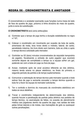 33
REGRA 06 - CRONOMETRISTA E ANOTADOR
O cronometrista e o anotador exercerão suas funções numa mesa do lado
de fora da quadra de jogo, próximo à linha divisória do meio da quadra,
junto à zona de substituição.
O CRONOMETRISTA terá como atribuições:
a) Controlar que o tempo de jogo tenha a duração estabelecida na regra
n.º 07;
b) Colocar o cronômetro em movimento por ocasião da bola de saída,
arremesso de meta, tiros livres direto e indireto, lateral, de canto,
penalidade máxima, tiro livre direto sem barreira, bola ao chão e após
o tempo técnico solicitado pelo treinador;
c) Controlar os 02 (dois) minutos cronometrados da expulsão temporária
do jogador, fiscalizando a entrada de outro jogador que ocorrerá
somente depois de completado o tempo ou a equipe sofrer um gol,
podendo ser com a bola em jogo ou fora de jogo;
d) Avisar, mediante apito de sinal acústico diferente ao dos árbitros,
mesmo tendo sirene no placar eletrônico, os finais do primeiro e
segundo período da partida e de tempo suplementares;
e) Comunicar a solicitação de tempo técnico pelo treinador quando a bola
estiver fora de jogo e somente conceder o tempo técnico quando a
bola for a favor da equipe do treinador solicitante;
f) Ter o controle e domínio do manuseio do cronômetro eletrônico em
todos os seus detalhes;
g) Travar o cronômetro independente da determinação dos árbitros,
quando houver a paralisação da partida pelos árbitros nos pedidos de
tempo técnico, na assinalação de faltas, na ocasião do atendimento
médico aos jogadores dentro da quadra de jogo, nas saídas de bola
pelas linhas laterais e de metas, nas marcações de gols ou quaisquer
outras paralisações;
 