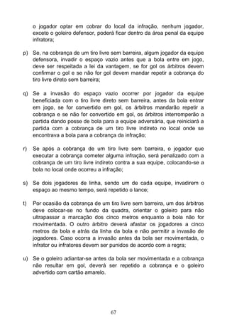 67
o jogador optar em cobrar do local da infração, nenhum jogador,
exceto o goleiro defensor, poderá ficar dentro da área penal da equipe
infratora;
p) Se, na cobrança de um tiro livre sem barreira, algum jogador da equipe
defensora, invadir o espaço vazio antes que a bola entre em jogo,
deve ser respeitada a lei da vantagem, se for gol os árbitros devem
confirmar o gol e se não for gol devem mandar repetir a cobrança do
tiro livre direto sem barreira;
q) Se a invasão do espaço vazio ocorrer por jogador da equipe
beneficiada com o tiro livre direto sem barreira, antes da bola entrar
em jogo, se for convertido em gol, os árbitros mandarão repetir a
cobrança e se não for convertido em gol, os árbitros interromperão a
partida dando posse de bola para a equipe adversária, que reiniciará a
partida com a cobrança de um tiro livre indireto no local onde se
encontrava a bola para a cobrança da infração;
r) Se após a cobrança de um tiro livre sem barreira, o jogador que
executar a cobrança cometer alguma infração, será penalizado com a
cobrança de um tiro livre indireto contra a sua equipe, colocando-se a
bola no local onde ocorreu a infração;
s) Se dois jogadores de linha, sendo um de cada equipe, invadirem o
espaço ao mesmo tempo, será repetido o lance;
t) Por ocasião da cobrança de um tiro livre sem barreira, um dos árbitros
deve colocar-se no fundo da quadra, orientar o goleiro para não
ultrapassar a marcação dos cinco metros enquanto a bola não for
movimentada. O outro árbitro deverá afastar os jogadores a cinco
metros da bola e atrás da linha da bola e não permitir a invasão de
jogadores. Caso ocorra a invasão antes da bola ser movimentada, o
infrator ou infratores devem ser punidos de acordo com a regra;
u) Se o goleiro adiantar-se antes da bola ser movimentada e a cobrança
não resultar em gol, deverá ser repetido a cobrança e o goleiro
advertido com cartão amarelo.
 