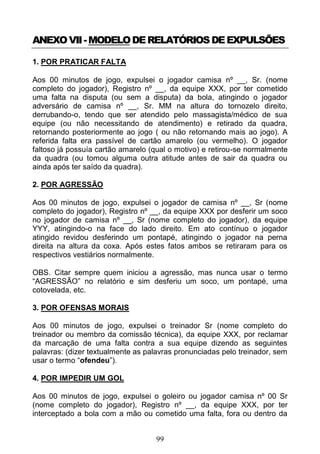 99
ANEXOVII-MODELODERELATÓRIOSDEEXPULSÕES
1. POR PRATICAR FALTA
Aos 00 minutos de jogo, expulsei o jogador camisa nº __, Sr. (nome
completo do jogador), Registro nº __, da equipe XXX, por ter cometido
uma falta na disputa (ou sem a disputa) da bola, atingindo o jogador
adversário de camisa nº __, Sr. MM na altura do tornozelo direito,
derrubando-o, tendo que ser atendido pelo massagista/médico de sua
equipe (ou não necessitando de atendimento) e retirado da quadra,
retornando posteriormente ao jogo ( ou não retornando mais ao jogo). A
referida falta era passível de cartão amarelo (ou vermelho). O jogador
faltoso já possuía cartão amarelo (qual o motivo) e retirou-se normalmente
da quadra (ou tomou alguma outra atitude antes de sair da quadra ou
ainda após ter saído da quadra).
2. POR AGRESSÃO
Aos 00 minutos de jogo, expulsei o jogador de camisa nº __, Sr (nome
completo do jogador), Registro nº __, da equipe XXX por desferir um soco
no jogador de camisa nº __, Sr (nome completo do jogador), da equipe
YYY, atingindo-o na face do lado direito. Em ato contínuo o jogador
atingido revidou desferindo um pontapé, atingindo o jogador na perna
direita na altura da coxa. Após estes fatos ambos se retiraram para os
respectivos vestiários normalmente.
OBS. Citar sempre quem iniciou a agressão, mas nunca usar o termo
“AGRESSÃO” no relatório e sim desferiu um soco, um pontapé, uma
cotovelada, etc.
3. POR OFENSAS MORAIS
Aos 00 minutos de jogo, expulsei o treinador Sr (nome completo do
treinador ou membro da comissão técnica), da equipe XXX, por reclamar
da marcação de uma falta contra a sua equipe dizendo as seguintes
palavras: (dizer textualmente as palavras pronunciadas pelo treinador, sem
usar o termo “ofendeu”).
4. POR IMPEDIR UM GOL
Aos 00 minutos de jogo, expulsei o goleiro ou jogador camisa nº 00 Sr
(nome completo do jogador), Registro nº __, da equipe XXX, por ter
interceptado a bola com a mão ou cometido uma falta, fora ou dentro da
 