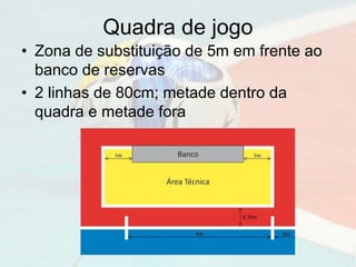Quadra de jogo
• Zona de substituição de 5m em frente ao
banco de reservas
• 2 linhas de 80cm; metade dentro da
quadra e metade fora
 